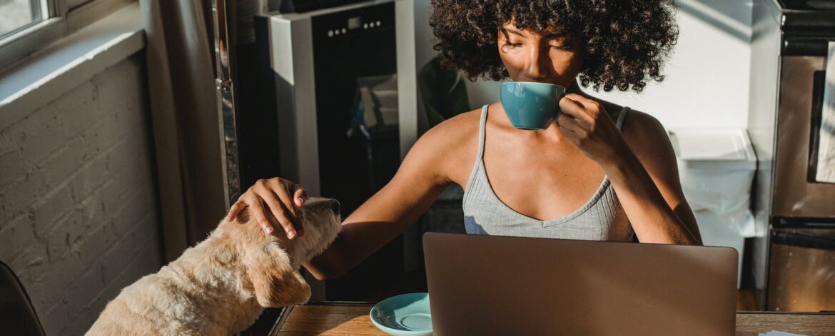 african american female freelancer using laptop and drinking coffee