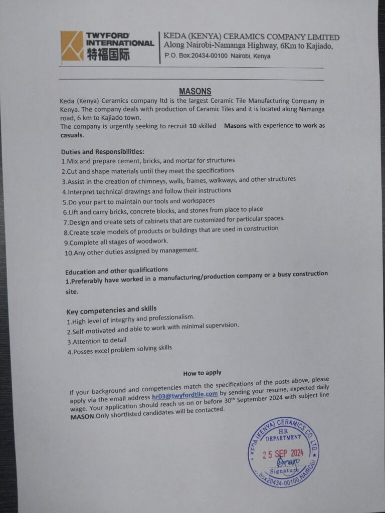 71 Vacancies Open at KEDA Ceramics – Kenya’s Largest Ceramic Tile Manufacturer | Skilled Casual Workers Wanted