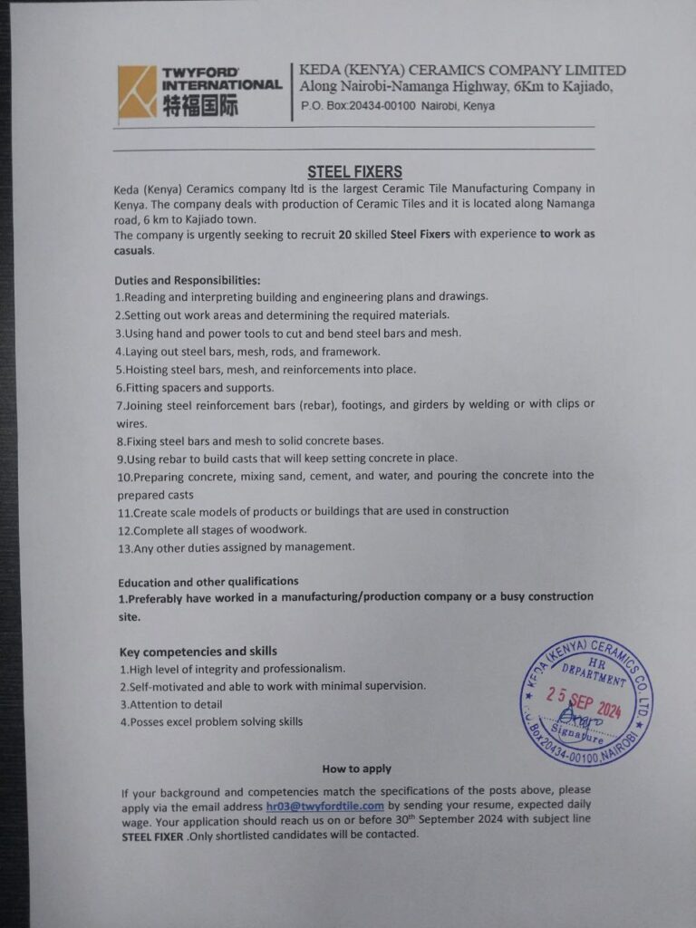 71 Vacancies Open at KEDA Ceramics – Kenya’s Largest Ceramic Tile Manufacturer | Skilled Casual Workers Wanted