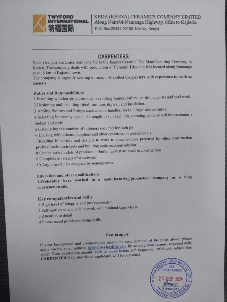 71 Vacancies Open at KEDA Ceramics – Kenya’s Largest Ceramic Tile Manufacturer | Skilled Casual Workers Wanted