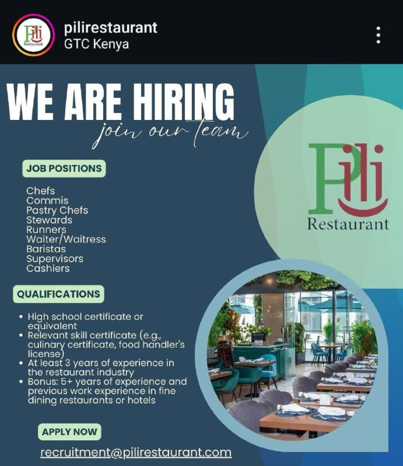 Chefs, Commis, Pastry Chefs, Stewards, Runners, Waiters, Baristas, Supervisors, Cashiers