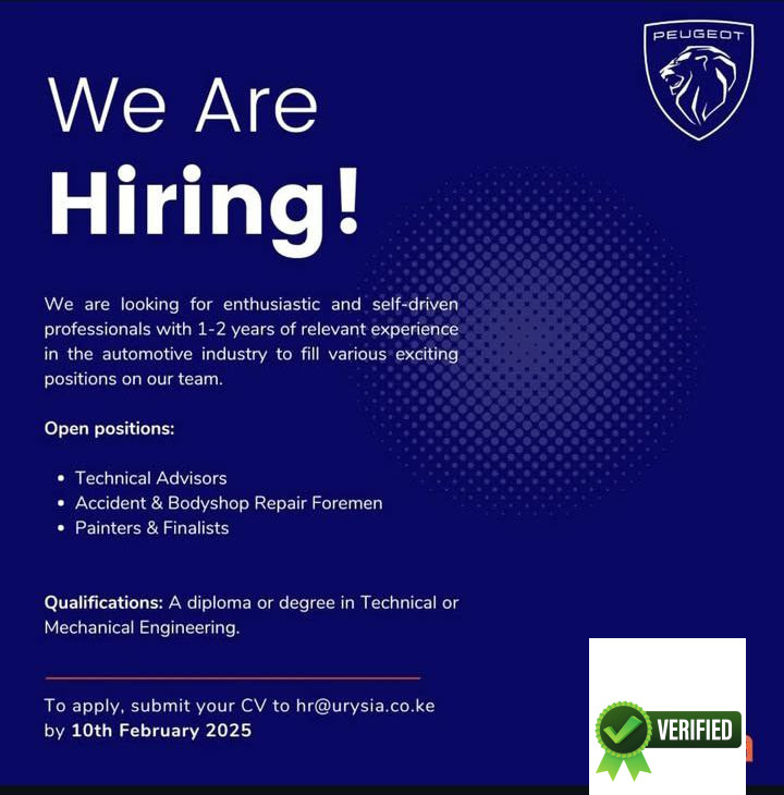 Automotive industry jobs, technical advisor roles, bodyshop repair foremen, automotive painting positions, mechanical engineering careers, automotive diagnostic jobs, Peugeot Kenya jobs, automotive technician roles, vehicle repair careers, car painting opportunities.